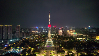 广东佛山岭南明珠体育馆佛山电视塔夜景航拍