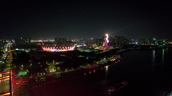 广东佛山世纪莲地标建筑夜景灯光航拍