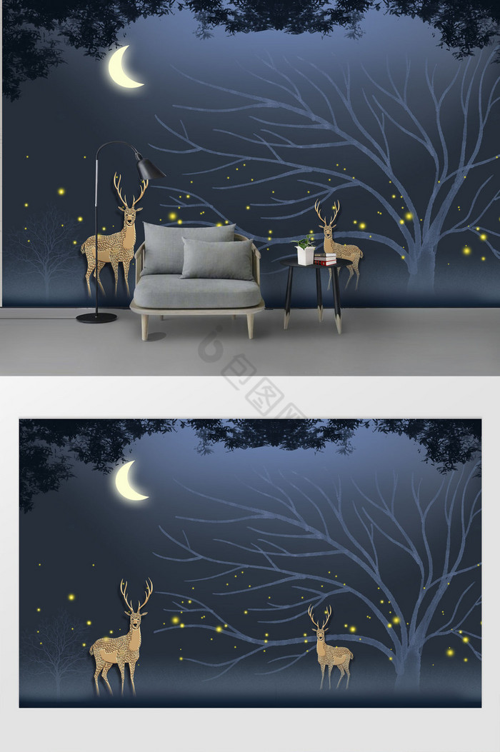 儿童房卡通树夜景金色麋鹿月亮萤火虫背景墙图片