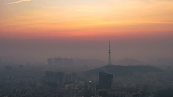 广东阳江城市清晨日出彩霞迷雾航拍