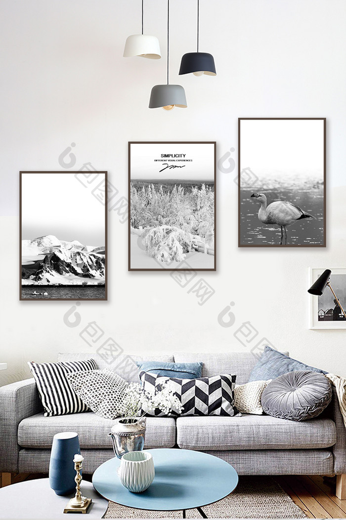 简欧创意黑白冰山森林风景卧室客厅装饰画