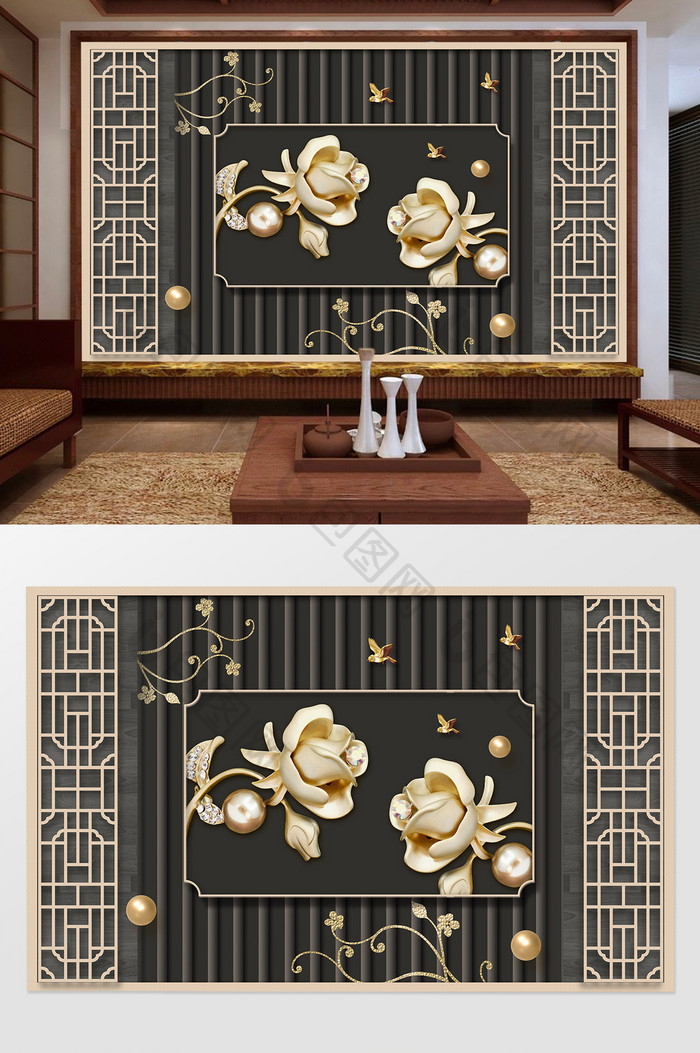 中式金色立体花飞鸟客厅电视背景墙