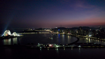 广东珠海城市晚霞夜幕降临夜景灯光航拍