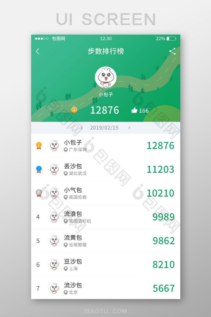 绿色扁平UI手机界面步数排行榜