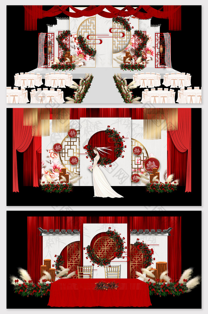 新中式红色喜庆婚礼布置效果图