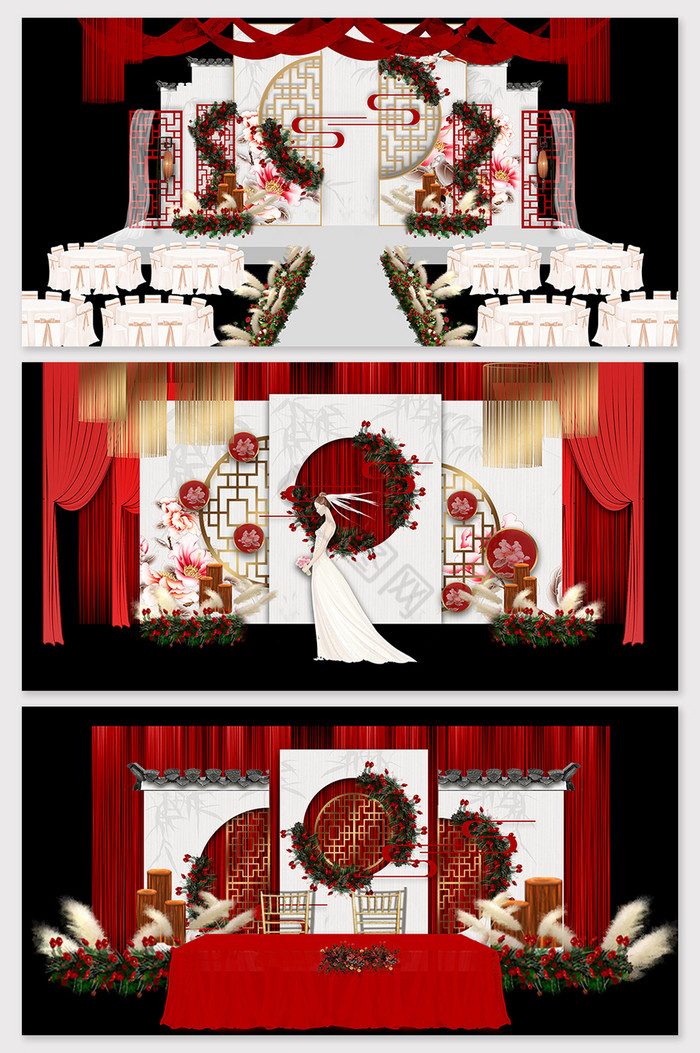新中式红色喜庆婚礼布置效果图图片