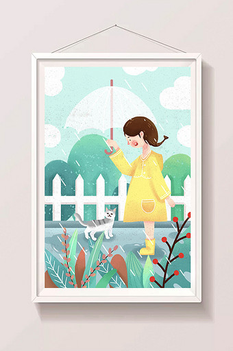 绿色小清新节气谷雨雨衣女孩和猫插画海报图片