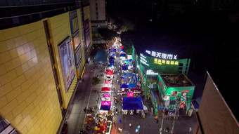 广西南宁城市夜市摊街景人流航拍