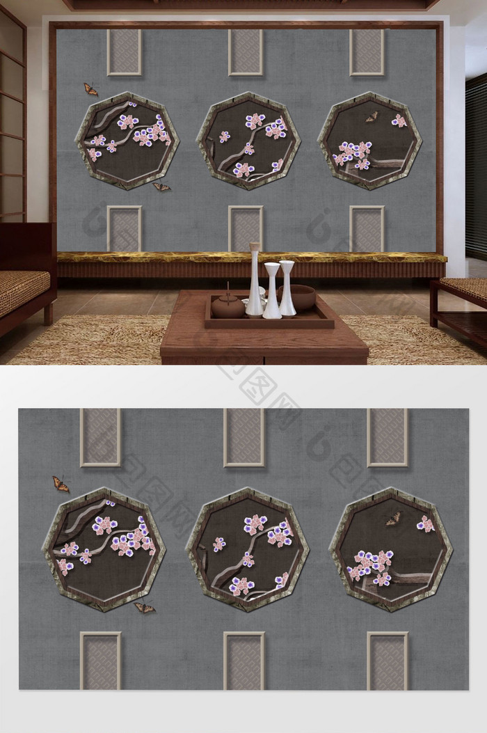 创意新中式手绘花鸟背景墙