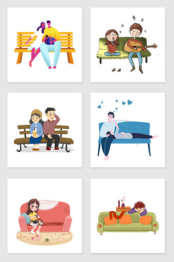 手绘坐沙发和凳子上的情侣套图插画元素图片