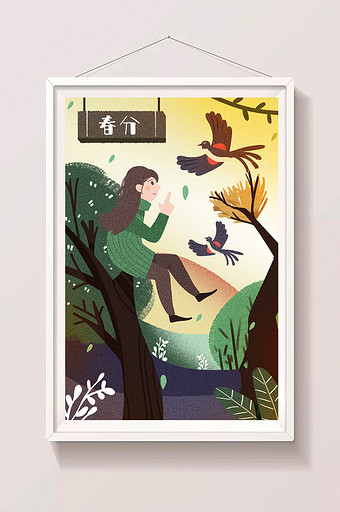 卡通手绘女孩与鸟24节气惊蛰海报闪屏插画图片