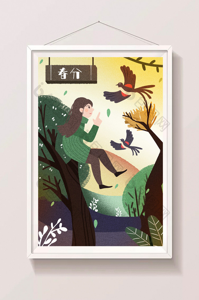 卡通手绘女孩与鸟24节气惊蛰海报闪屏插画