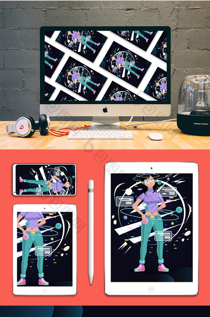 卡通清新少女虚拟科技概念海报app插画