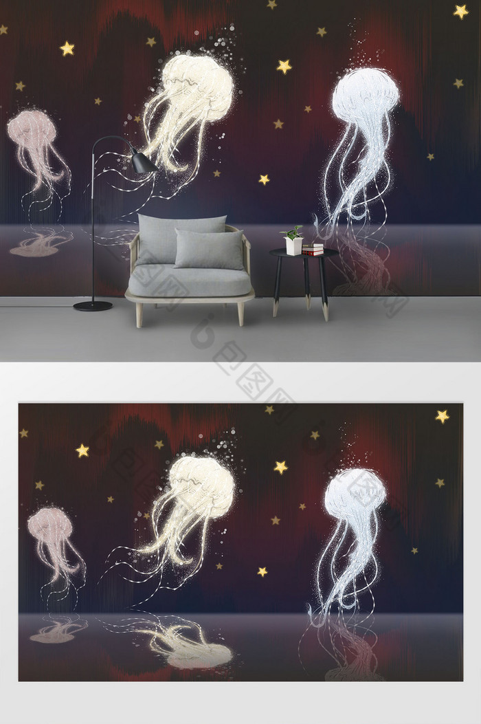 手绘梦幻插画发光水母星星电视背景墙图片图片