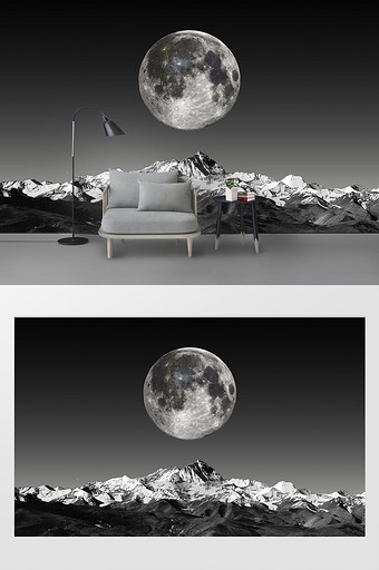 现代创意山峰月亮极简黑白背景墙图片