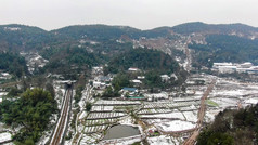 航拍冬天雪景铁路轨道交通