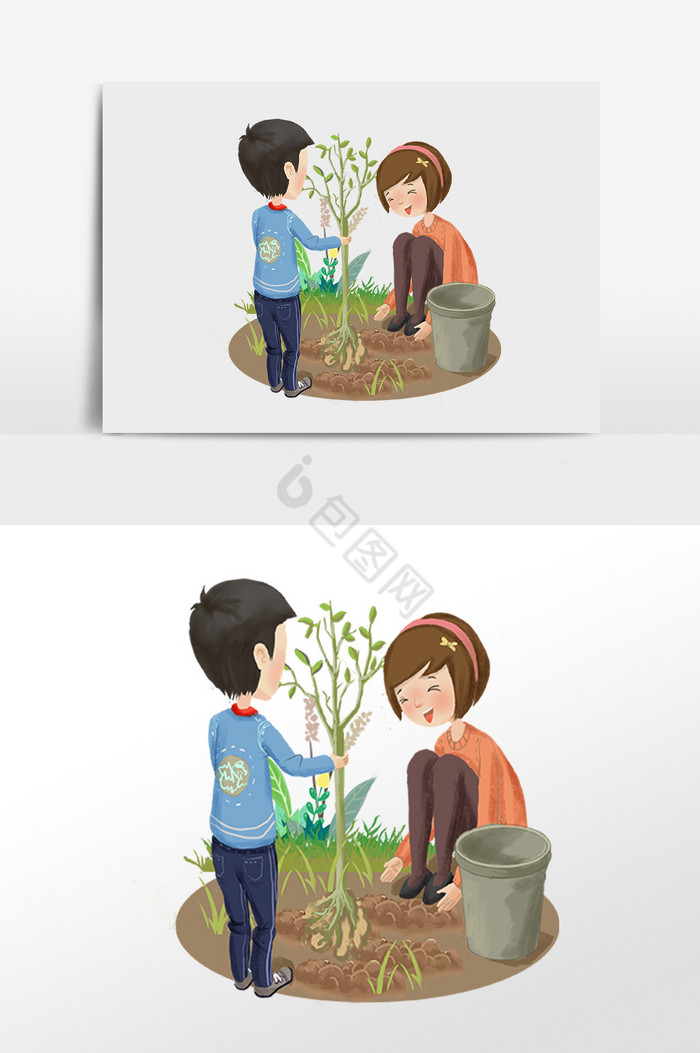 植树小情侣插画图片