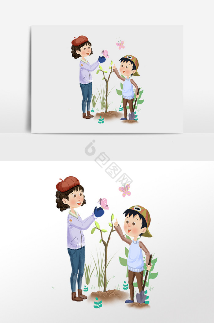 植树母亲小孩插画图片