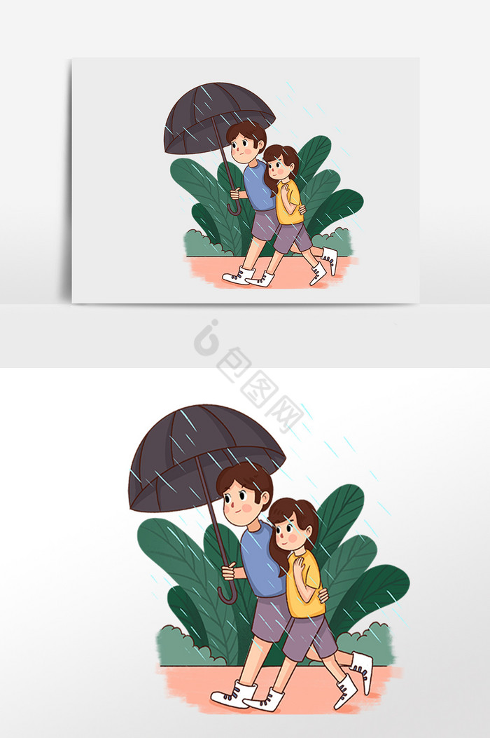 雨中漫步情侣插画图片