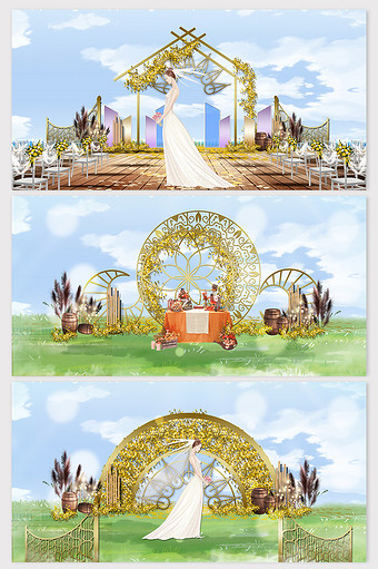 时尚金色铁艺鲜花草坪婚礼效果图图片
