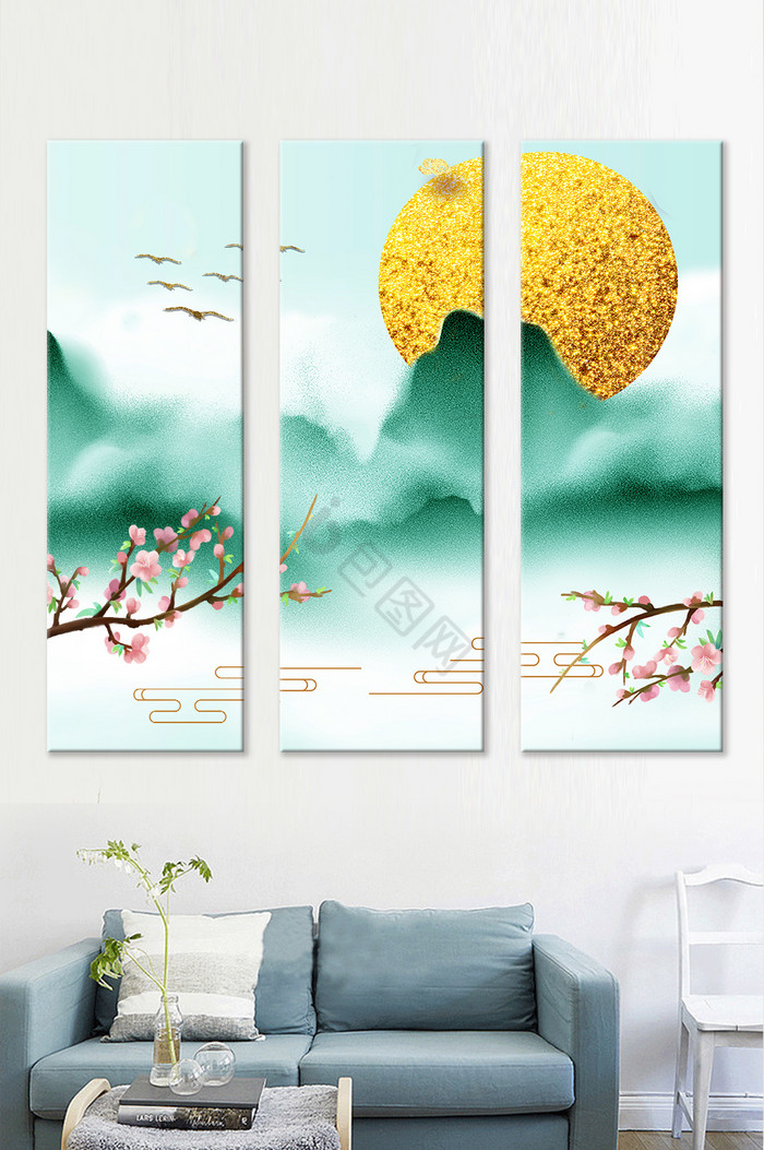 新中式山水金色太阳植物金箔飞鸟山水装饰画图片