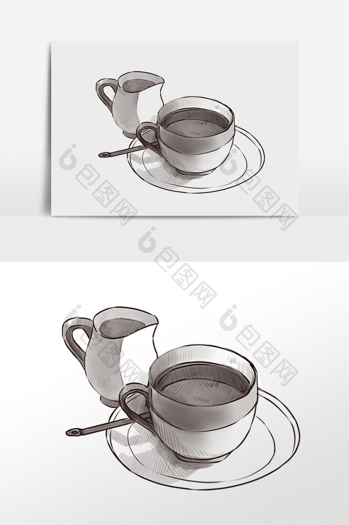 手绘线描两杯咖啡插画