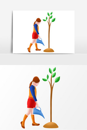 手绘卡通植树女孩植树节元素