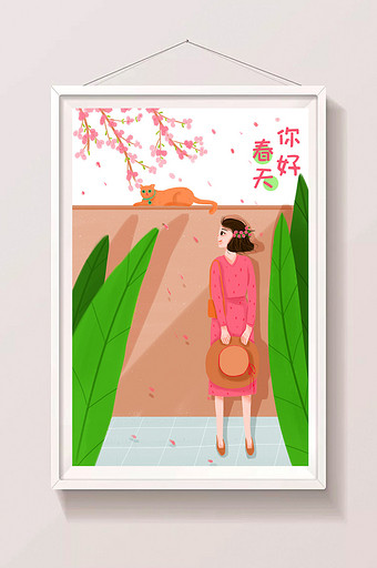 清新唯美樱花树下女孩和猫治愈温馨插画图片