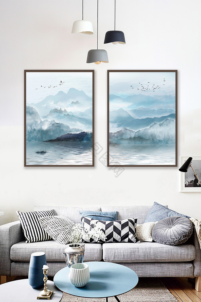 中式水墨山水飞鸟意境客厅双联装饰画图片