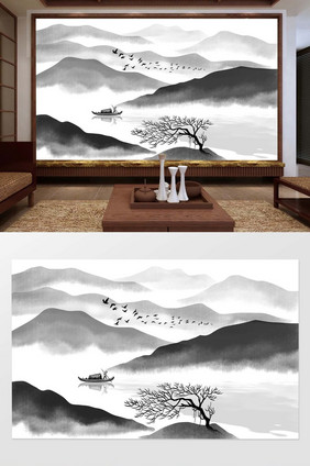 新中式写意水墨山水背景墙壁画