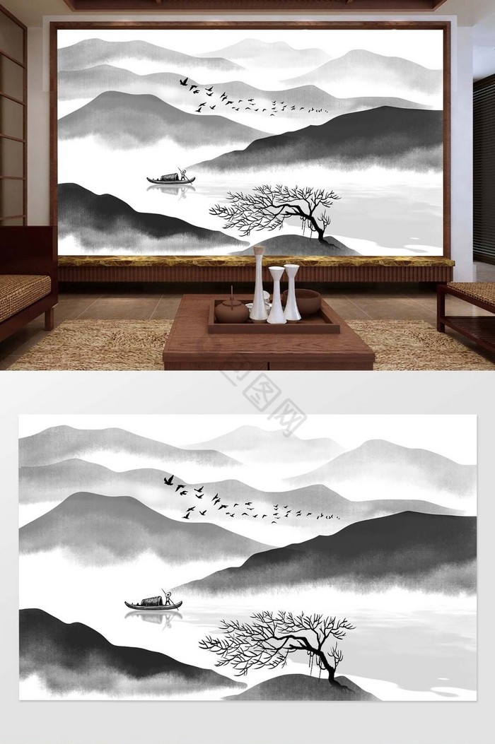 新中式写意水墨山水背景墙壁画图片