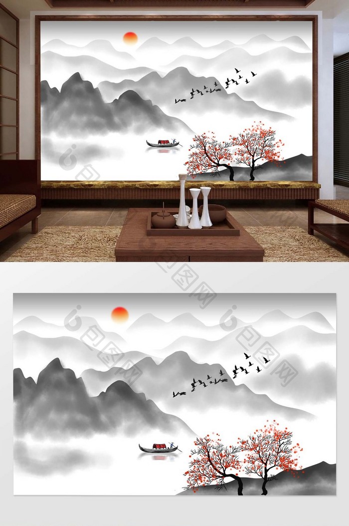 新中式水墨山水画背景壁画