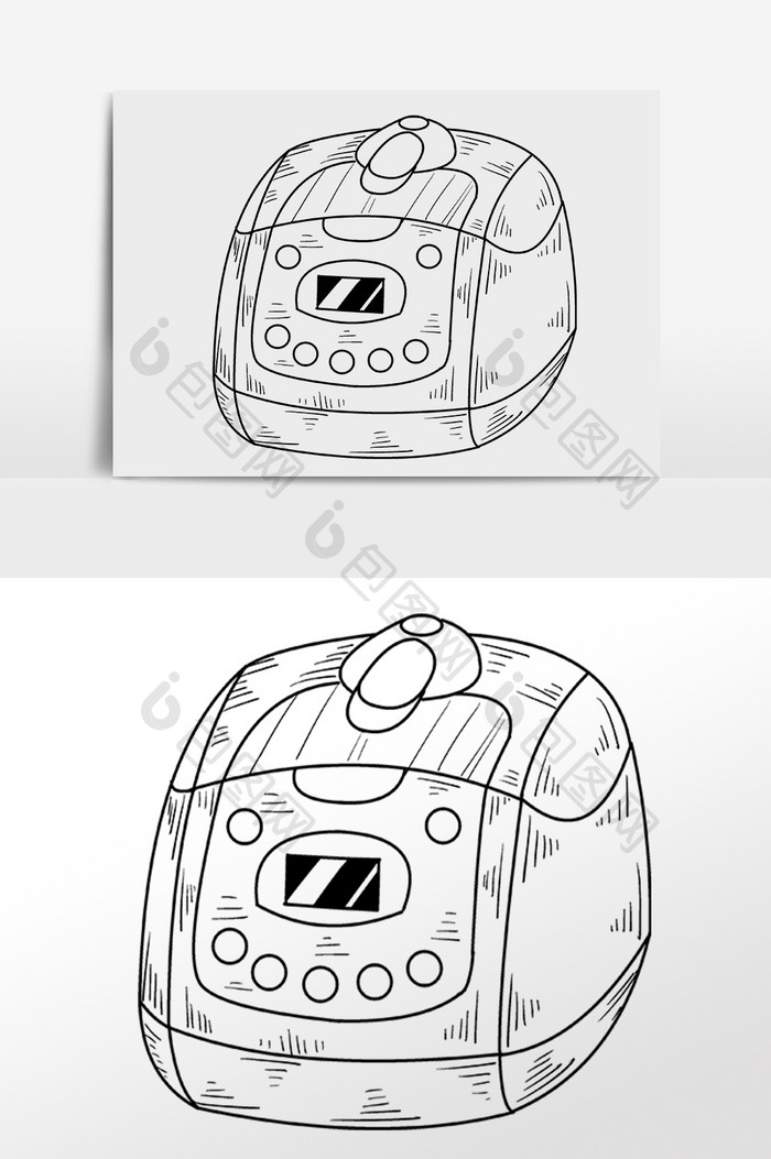 手绘黑色线描电饭煲家电插画