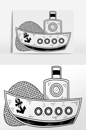 手绘黑色线描大型海盗船插画