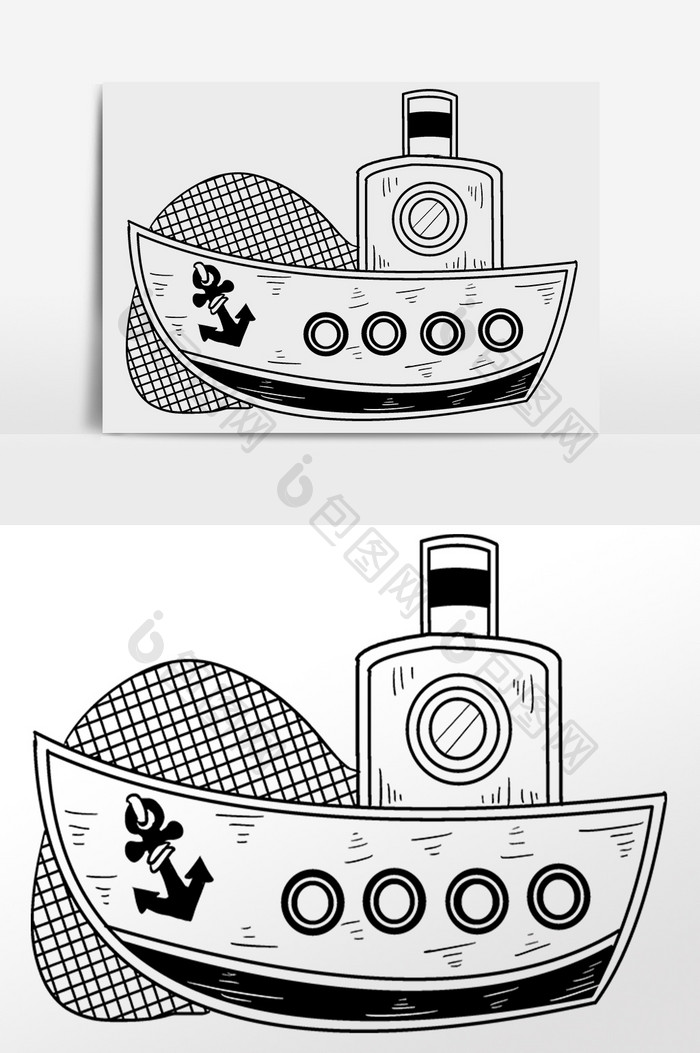 手绘黑色线描大型海盗船插画
