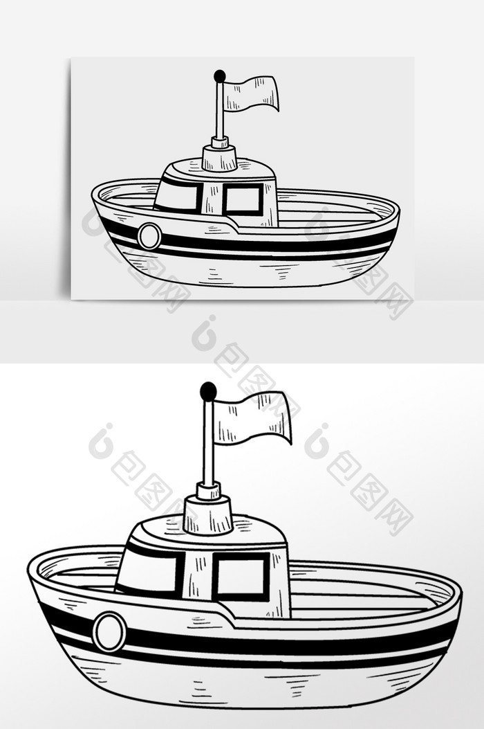 手绘黑色线描小轮船插画