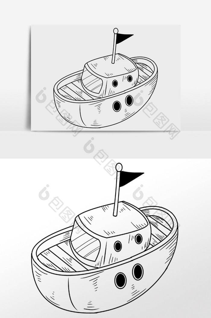 手绘黑色线描大轮船插画