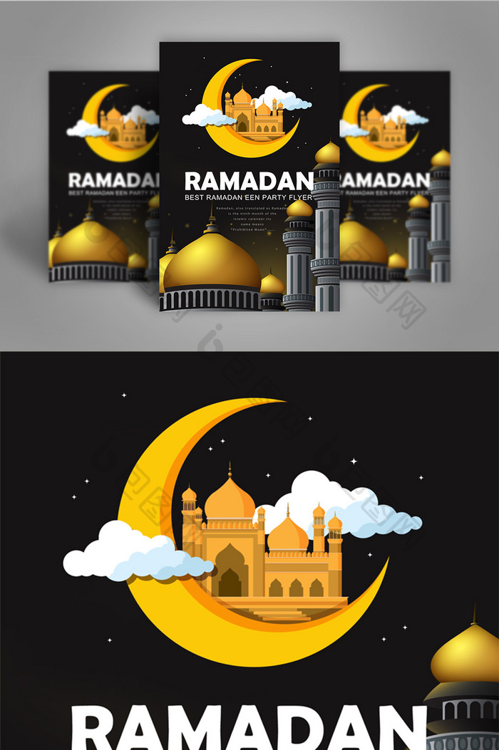 斋月Psd传单模板黑色与清真寺和金色主题模板星光框架