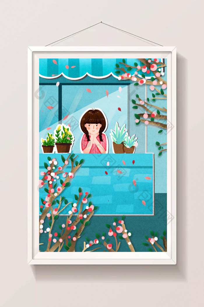 剪纸风格节气春分女孩在阳台赏花插画