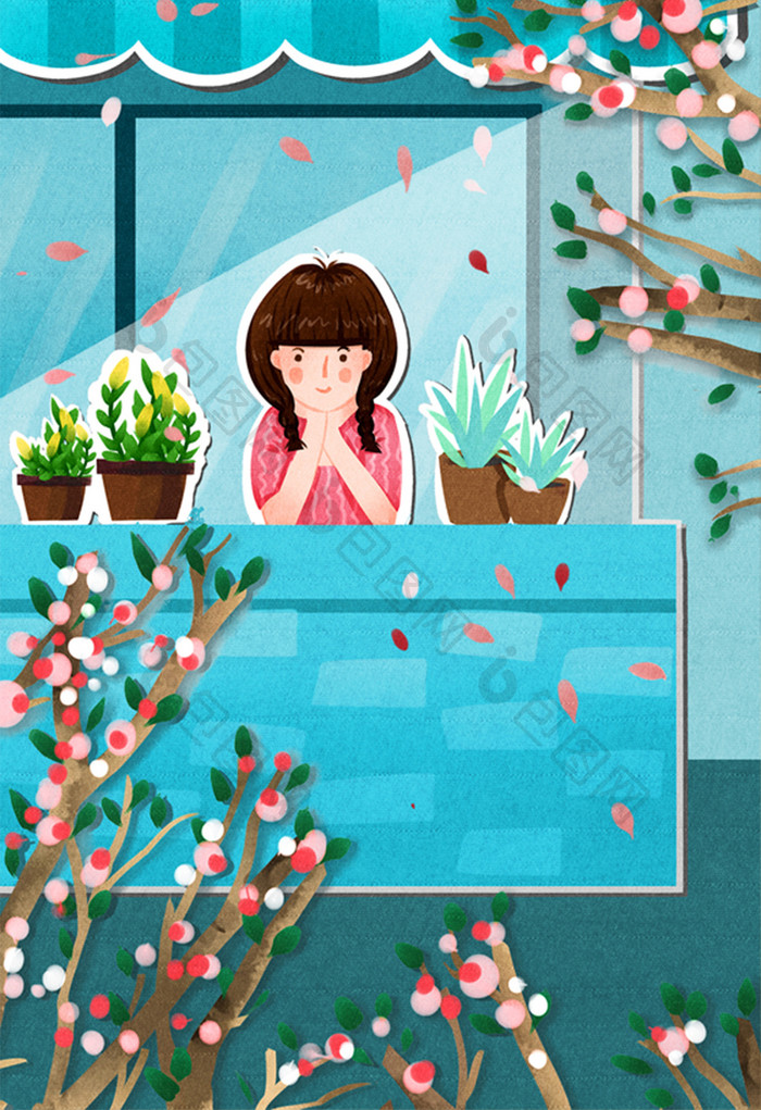 剪纸风格节气春分女孩在阳台赏花插画