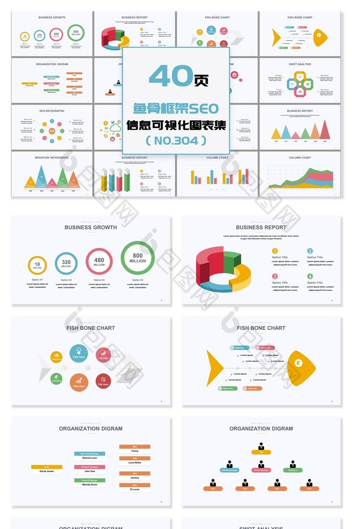 40页鱼骨框架信SEO可视化PPT图表