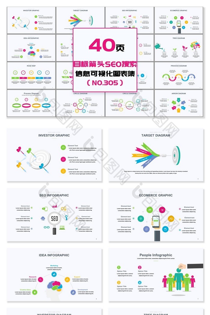 40页目标箭头SEO信息可视化PPT图表