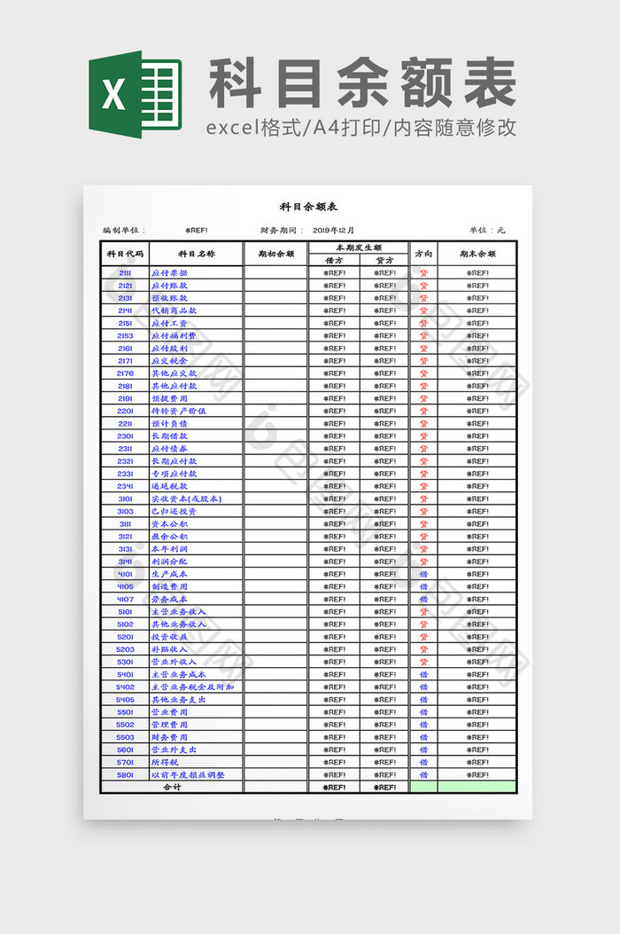 科目余额表Excel模板