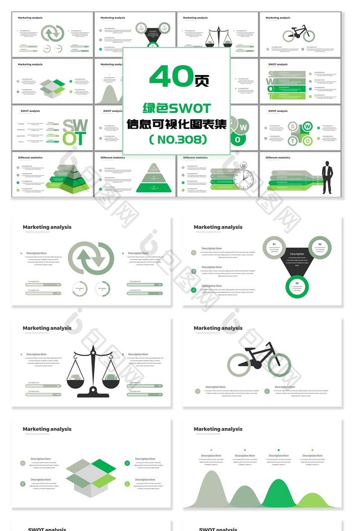 40页绿色SWOT信息可视化PPT图表