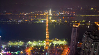 湖南长沙城市夜景橘子洲大桥交通航拍