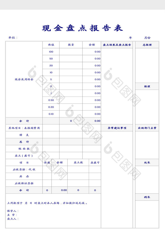 财务库存现金盘点表Excel模板