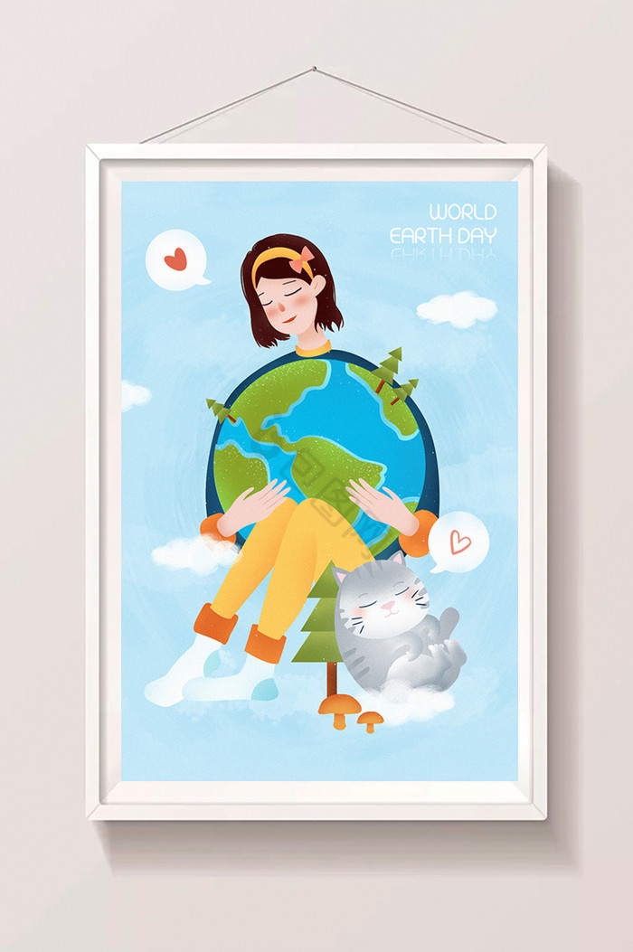 世界地球日女孩抱地球治愈插画图片