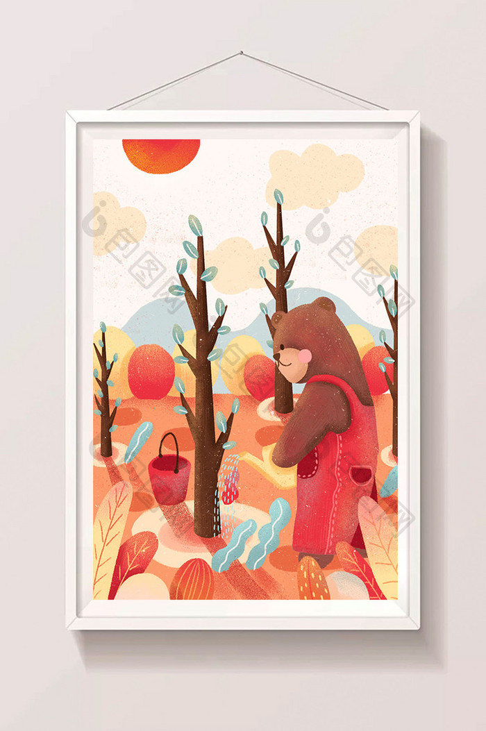 橙红色清新节日植树节小熊植树浇水插画海报