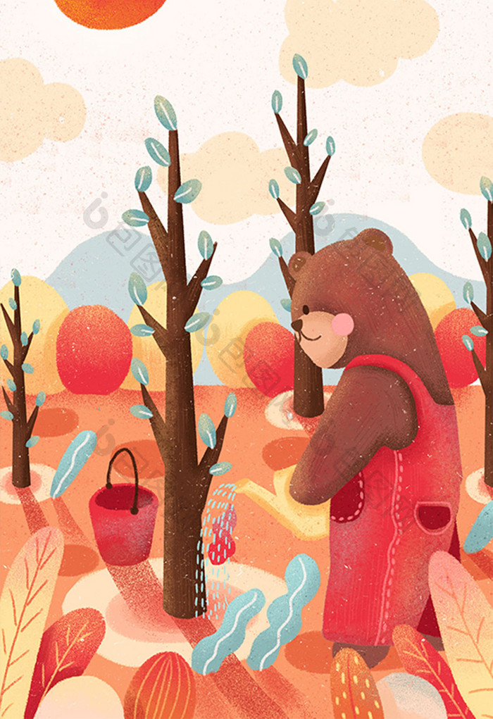 橙红色清新节日植树节小熊植树浇水插画海报