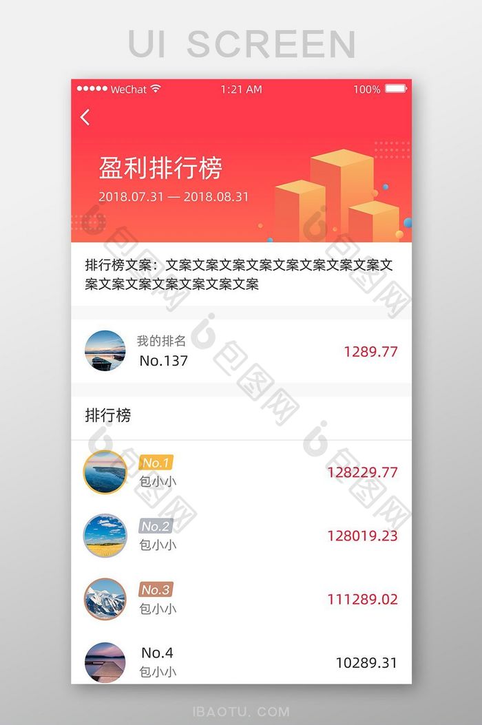 红色时尚渐变盈利排行榜UI移动界面